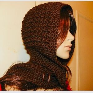 Brown  Hooded Scarf  Neck Warmer Hand Crochet One of a Kind